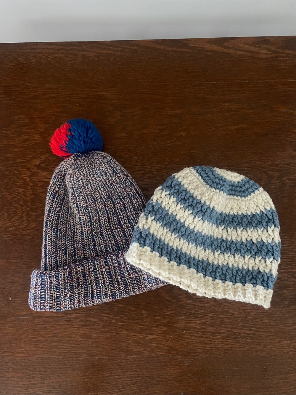 Kids Knit Pom Beanie and Striped Crochet Hat Set - Blue & White